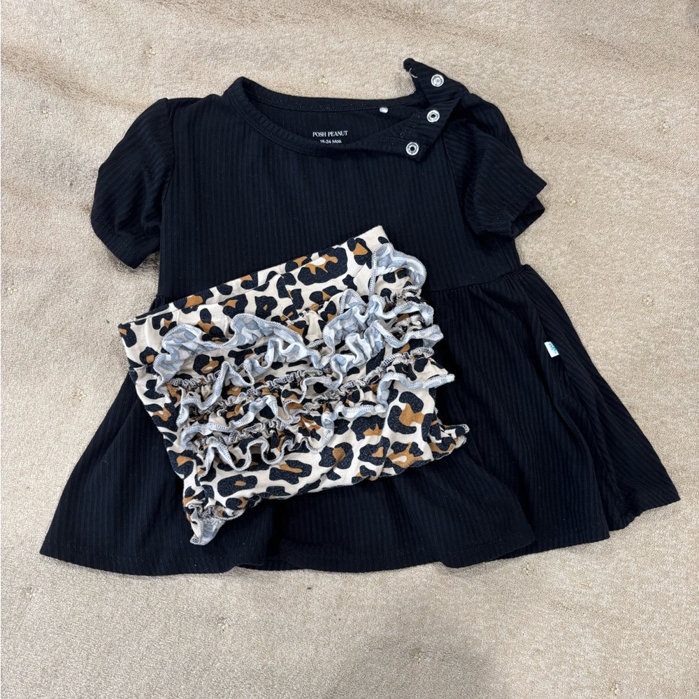 Posh Peanut Black Ribbed Short Sleeve Top with Leopard Ruffle Shorts